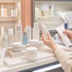 Shopper comparing unbranded skincare products at a beauty counter